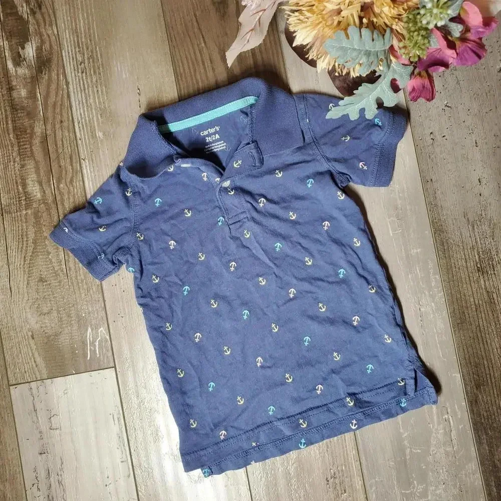 Carter's Toddler Boy Blue Anchor Polo Shirt Size 2T 100% Cotton EUC